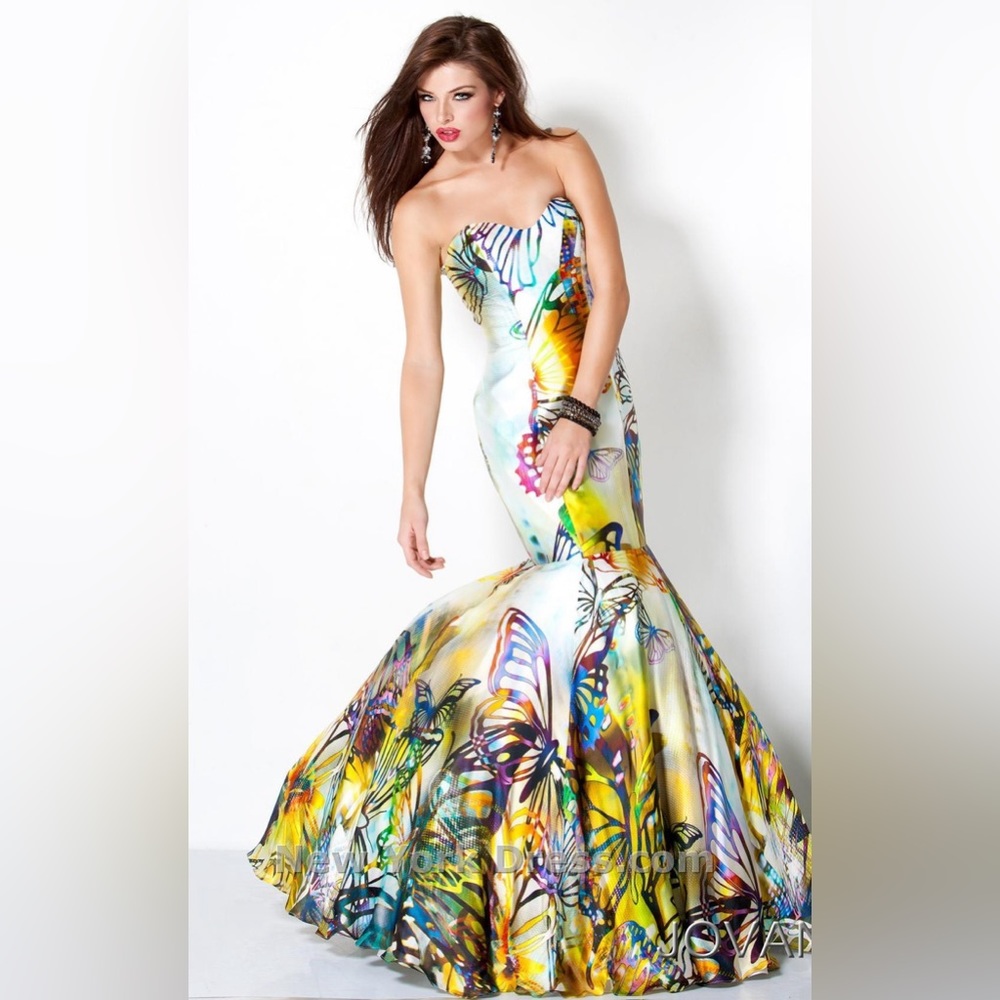 Jovani Colorful Butterfly Print Mermaid Prom Dress